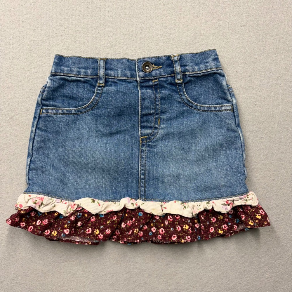 Old Navy Denim Skirt Girls 2T Blue Floral Ruffle Corduroy Hem Vintage 90s Mini